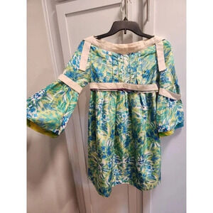 Tracy Feith Women’s 100% Silk Mod Floral Print Bell Sleeve Boatneck Dress Sz XS